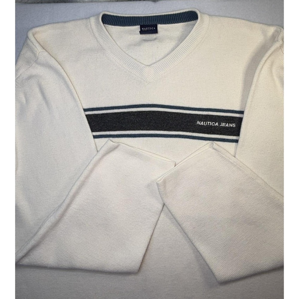 Vtg Nautica Jeans V-Neck Sweater Mens XL Ivory Striped 90s Y2K Preppy Streetwear